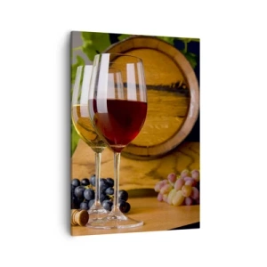 Cuadro sobre lienzo - Impresión de Imagen - Copas de vino con uvas, un barril y botellas sobre una mesa de madera - 50x70cm - Como los antiguos maestros - Decoración de pared moderna para salón y dormitorio ARTTOR
