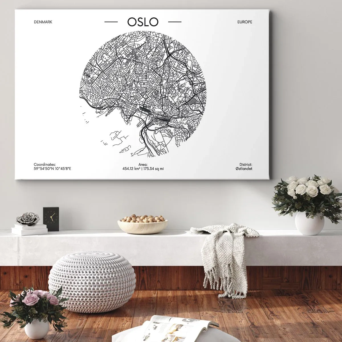 Cuadro sobre lienzo - Impresión de Imagen - Un mapa de Oslo en un estilo minimalista en blanco y negro. - 70x50cm - Anatomía de Oslo - Decoración de pared moderna para salón y dormitorio ARTTOR