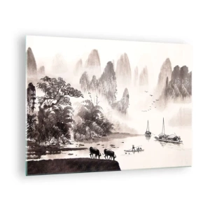 Cuadro sobre vidrio - Impresiones sobre Vidrio - Paisaje chino con montañas, árboles y agua. - 70x50cm - La exótica vida cotidiana de Oriente - Decoración de pared moderna para salón y dormitorio ARTTOR
