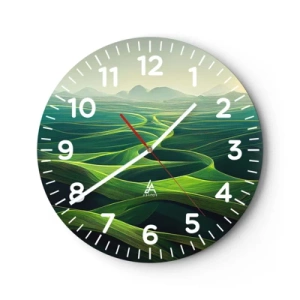 Reloj de pared - Reloj de vidrio - Valles en tonos verdes - 30x30 cm