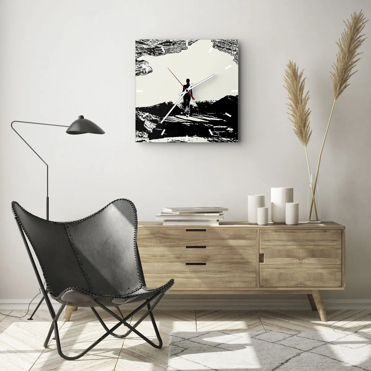 Reloj de pared - Reloj de vidrio - Silueta en blanco y negro de una mujer en una cueva contra el cielo - 30x30cm - Una nueva mirada - Decoración de pared moderna para salón y dormitorio ARTTOR