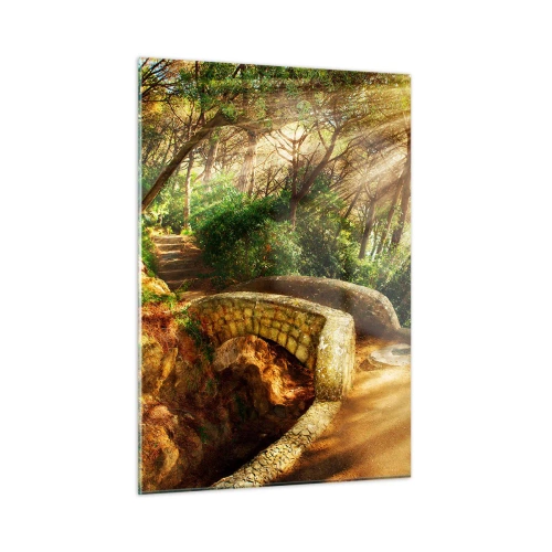 Cuadro sobre vidrio - Impresiones sobre Vidrio - Los rayos del sol iluminan el puente y el sendero del bosque. - 50x70cm - Directamente desde el puente hacia el bosque de las hadas - Decoración de pared moderna para salón y dormitorio ARTTOR