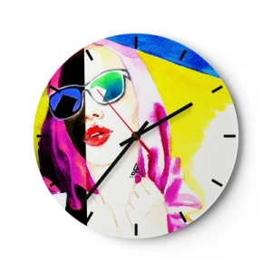 Reloj de pared - Reloj de vidrio - Mujer con gafas de arte pop - 30x30cm - Contrastes - Decoración de pared moderna para salón, cocina y dormitorio ARTTOR