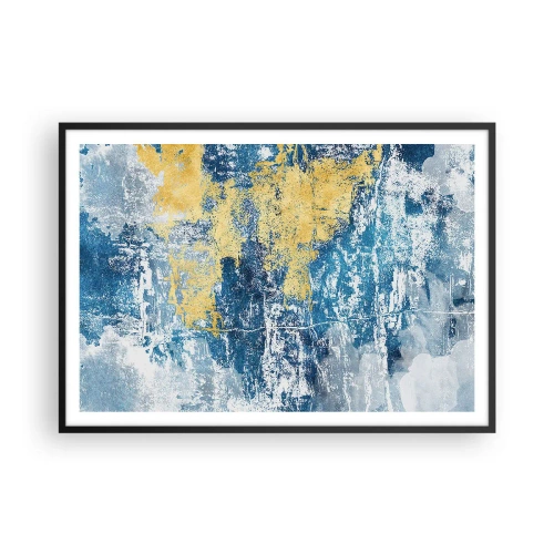 Póster en marco negro - Abstracción en tonos azules y amarillos - 100x70cm - Una abstracción serena - Decoración de pared moderna para salón y dormitorio ARTTOR
