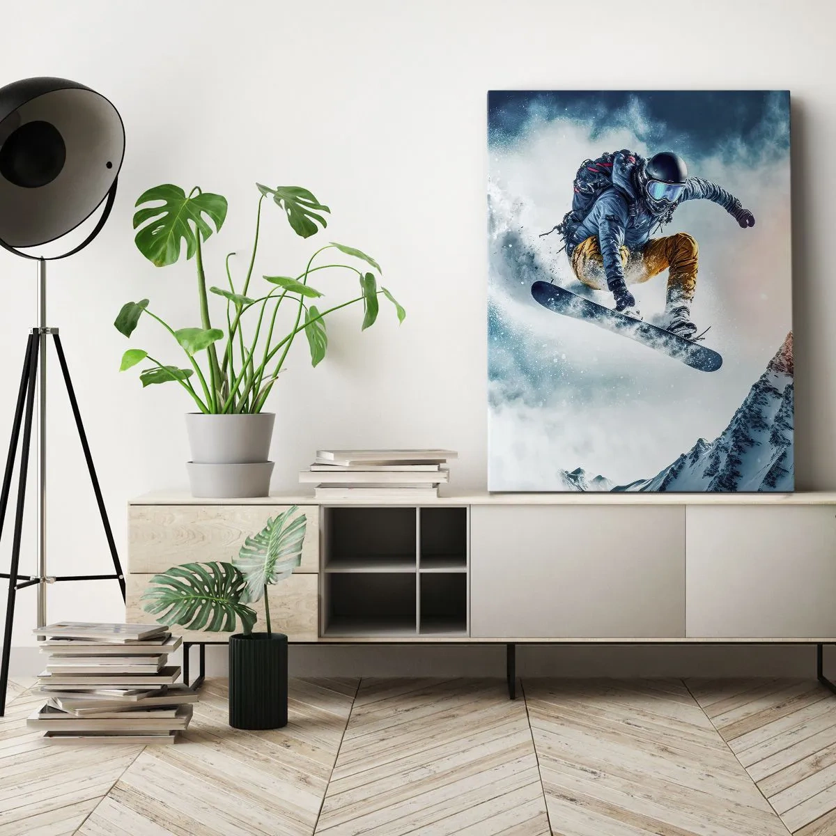 Cuadro sobre lienzo - Impresión de Imagen - Un snowboarder vuela sobre montañas nevadas. - 80x120cm - Emociones extremas - Decoración de pared moderna para salón y dormitorio ARTTOR