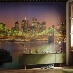 Fotomural Autadhesivo Deluxe Sticker - Aquí la luz nunca se apaga - Ciudad, Nueva York, puente de Brooklyn - 100x70 cm
