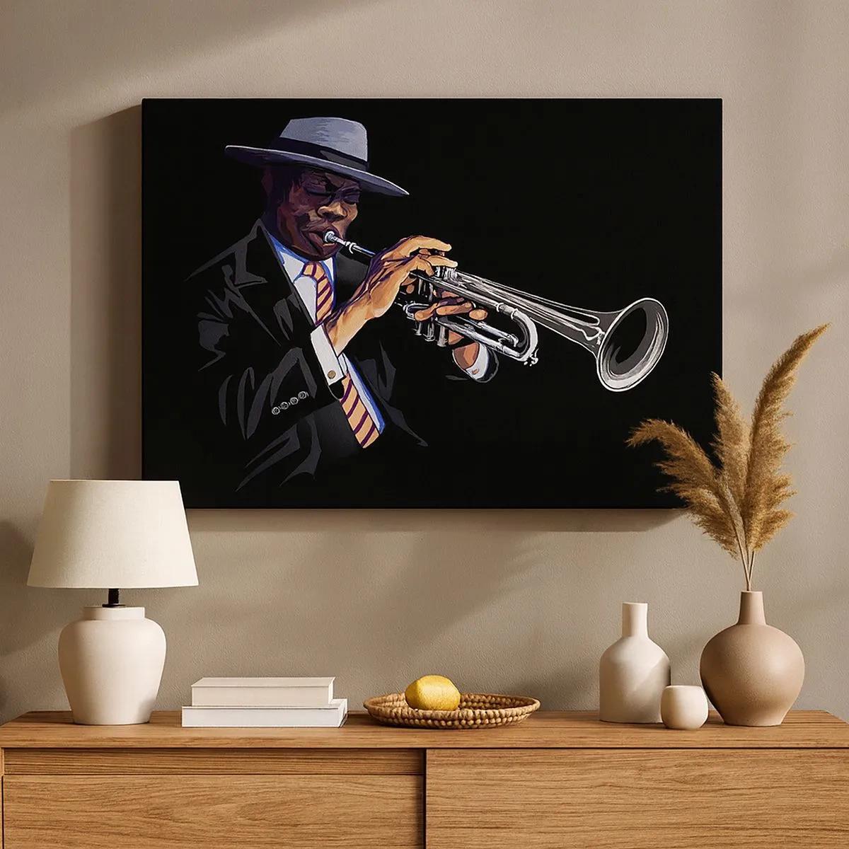 Cuadro sobre lienzo - Impresión de Imagen - Un músico tocando la trompeta sobre un fondo negro. - 70x50cm - El encanto de la vieja escuela - Decoración de pared moderna para salón y dormitorio ARTTOR