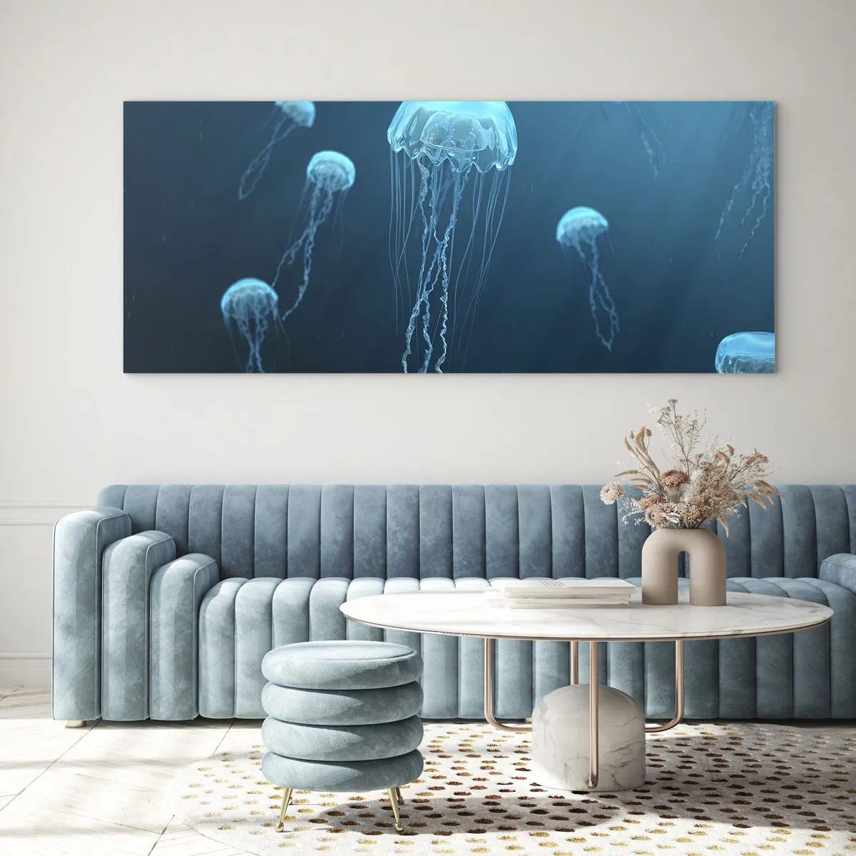 Cuadro sobre vidrio - Impresiones sobre Vidrio - Medusas flotando en las profundidades del océano en tonos azules. - 140x50cm - Danza oceánica - Decoración de pared moderna para salón y dormitorio ARTTOR