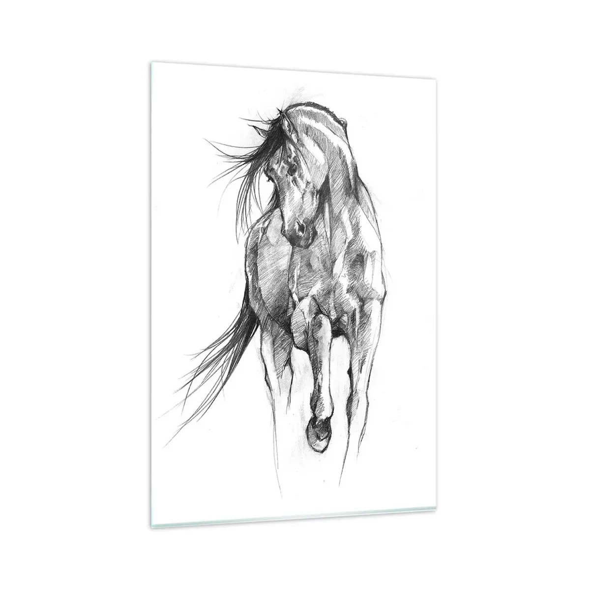 Cuadro sobre vidrio - Impresiones sobre Vidrio - Boceto en blanco y negro de un caballo al galope - 80x120cm - En un elegante trote - Decoración de pared moderna para salón y dormitorio ARTTOR
