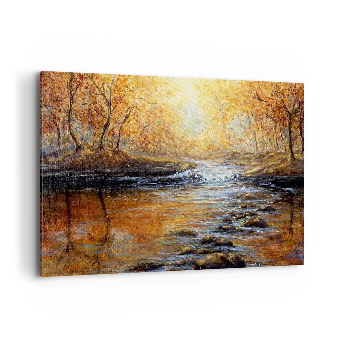 Cuadro sobre lienzo - Impresión de Imagen - Paisaje otoñal con un río entre los árboles. - 120x80cm - Arroyo de oro - Decoración de pared moderna para salón y dormitorio ARTTOR