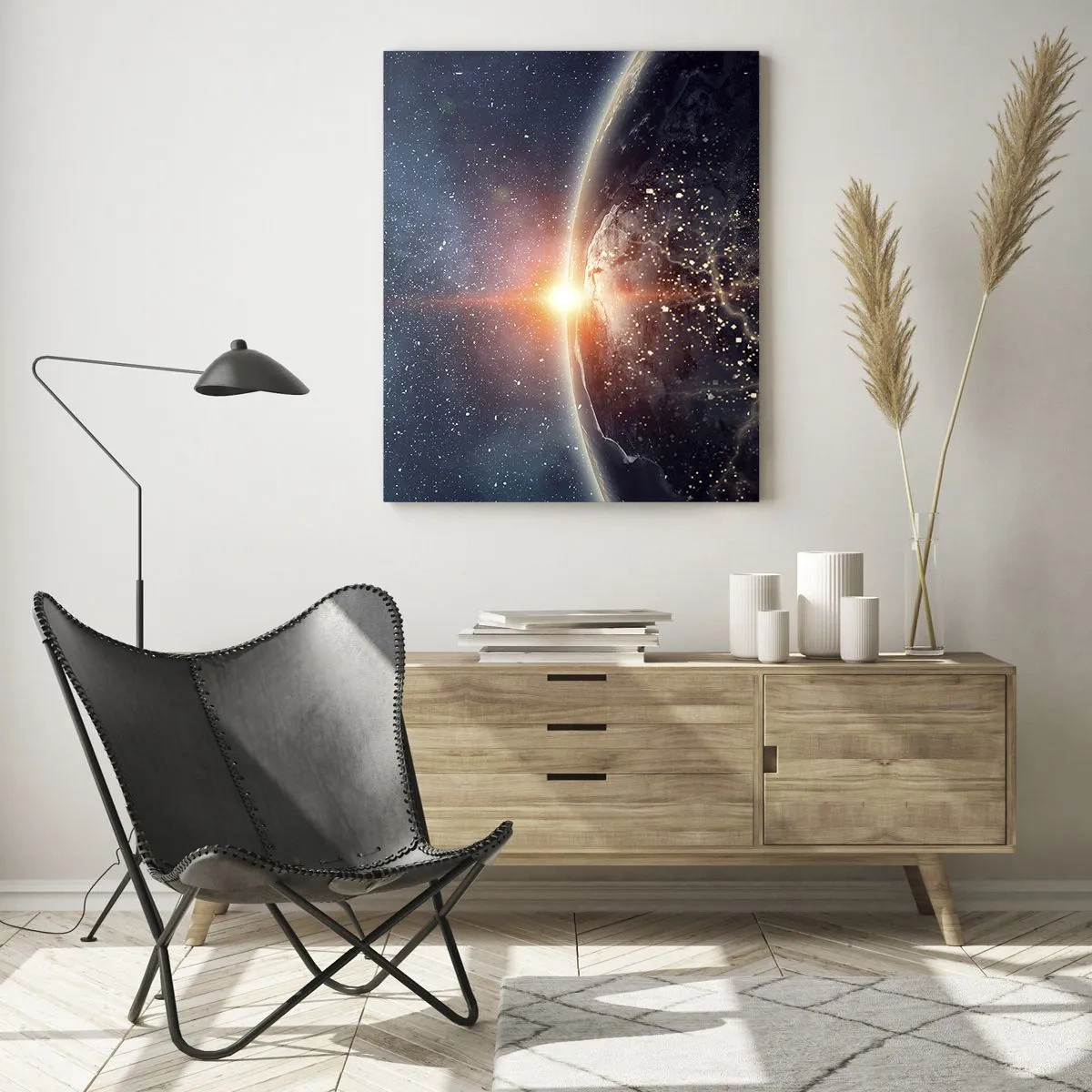 Cuadro sobre vidrio - Impresiones sobre Vidrio - La Tierra iluminada por los rayos del sol en el espacio. - 50x70cm - En una nueva perspectiva - Decoración de pared moderna para salón y dormitorio ARTTOR