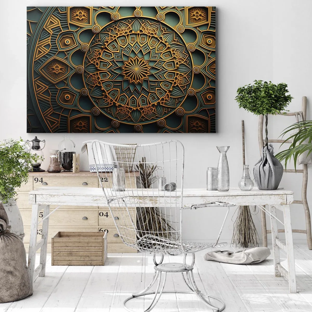 Cuadro sobre lienzo - Impresión de Imagen - Un mandala dorado sobre un fondo turquesa con ricos detalles. - 70x50cm - En un clima árabe - Decoración de pared moderna para salón y dormitorio ARTTOR