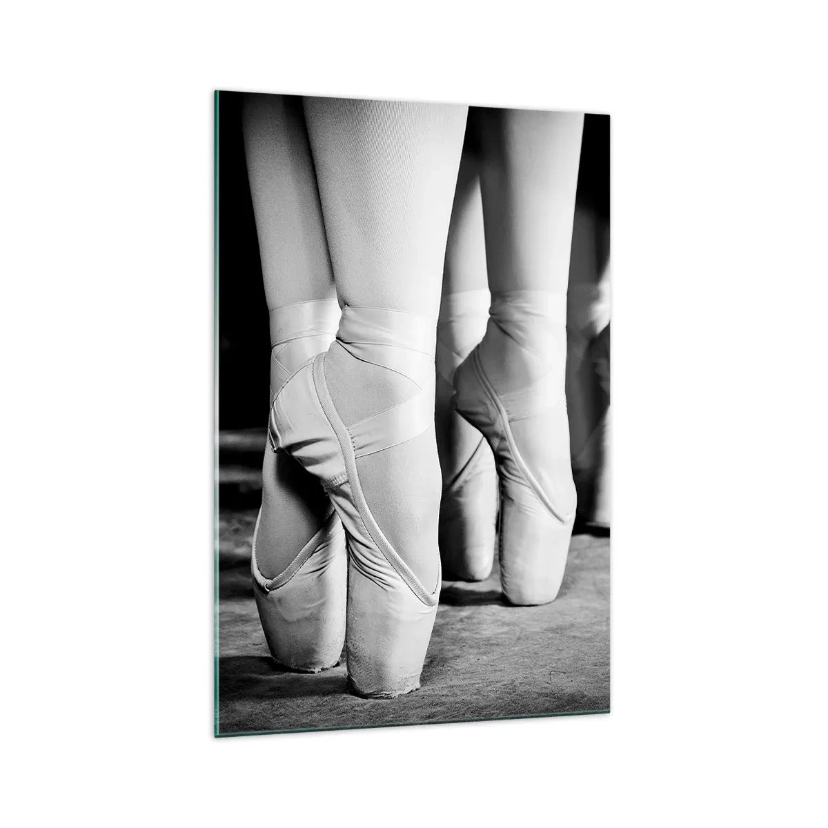 Cuadro sobre vidrio - Impresiones sobre Vidrio - Fotografía en blanco y negro de las zapatillas de ballet de una bailarina. - 70x100cm - En conjunto y al unísono - Decoración de pared moderna para salón y dormitorio ARTTOR