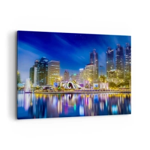 Cuadro sobre lienzo - Impresión de Imagen - Panorama nocturno de la ciudad con luces reflejadas en el agua. - 100x70cm - La noche del arco iris de la metrópoli - Decoración de pared moderna para salón y dormitorio ARTTOR