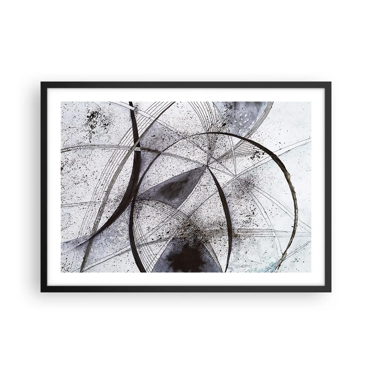 Póster en marco negro - Líneas y formas abstractas en tonos de gris y negro. - 70x50cm - Fantasía futurista - Decoración de pared moderna para salón y dormitorio ARTTOR