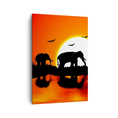 Cuadro sobre lienzo - Impresión de Imagen - Siluetas de elefantes al atardecer sobre el agua con reflejo - 70x100cm - La noche es para tomar una copita - Decoración de pared moderna para salón y dormitorio ARTTOR