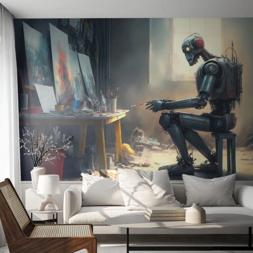 Fotomural Premium Sand - Un robot pintando en un estudio de arte junto a la ventana. - 100x70cm - El acto de creación - Decoración de pared moderna para salón y dormitorio ARTTOR