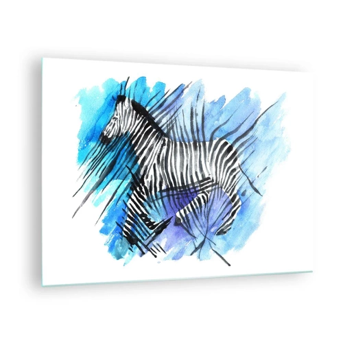 Cuadro sobre vidrio - Impresiones sobre Vidrio - Una cebra en una composición artística de acuarela sobre un fondo azul. - 70x50cm - Oculto en las rayas - Decoración de pared moderna para salón y dormitorio ARTTOR
