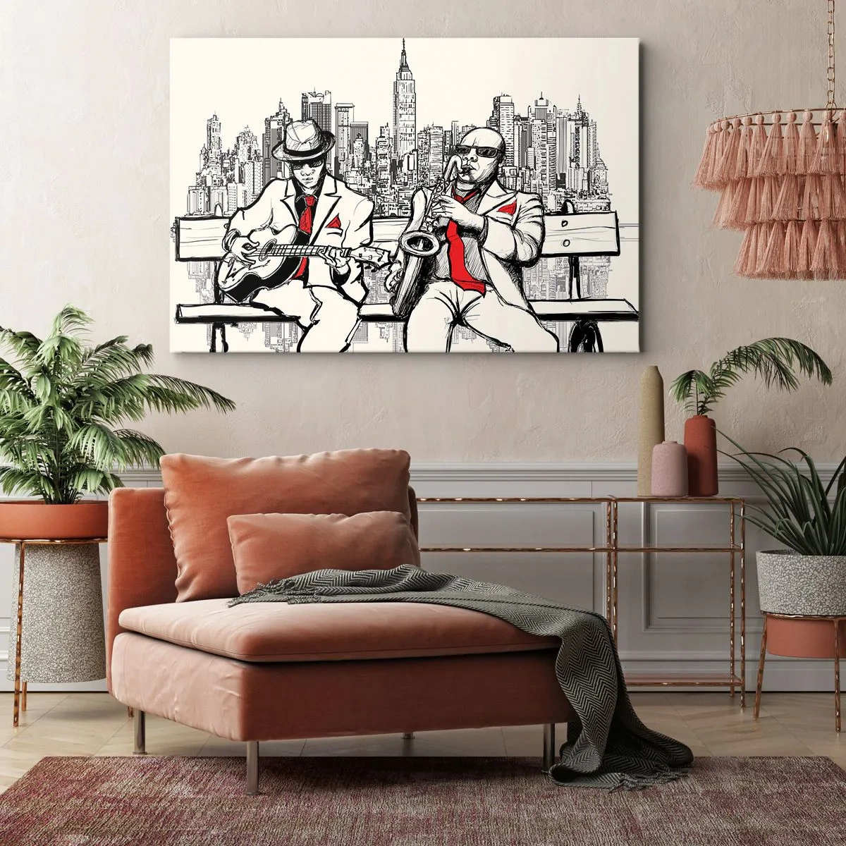 Cuadro sobre lienzo - Impresión de Imagen - Un dúo de jazz con saxofón y guitarra con la ciudad como telón de fondo. - 70x50cm - Improvisación en Nueva York - Decoración de pared moderna para salón y dormitorio ARTTOR