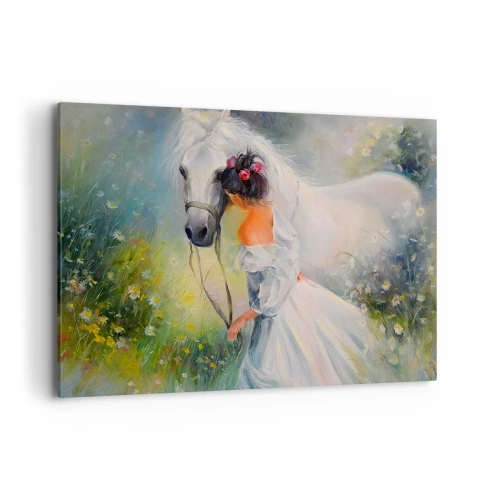 Cuadro sobre lienzo - Impresión de Imagen - Una mujer con un caballo blanco en un entorno pintoresco. - 120x80cm - Como si de un hermoso sueño se tratara - Decoración de pared moderna para salón y dormitorio ARTTOR