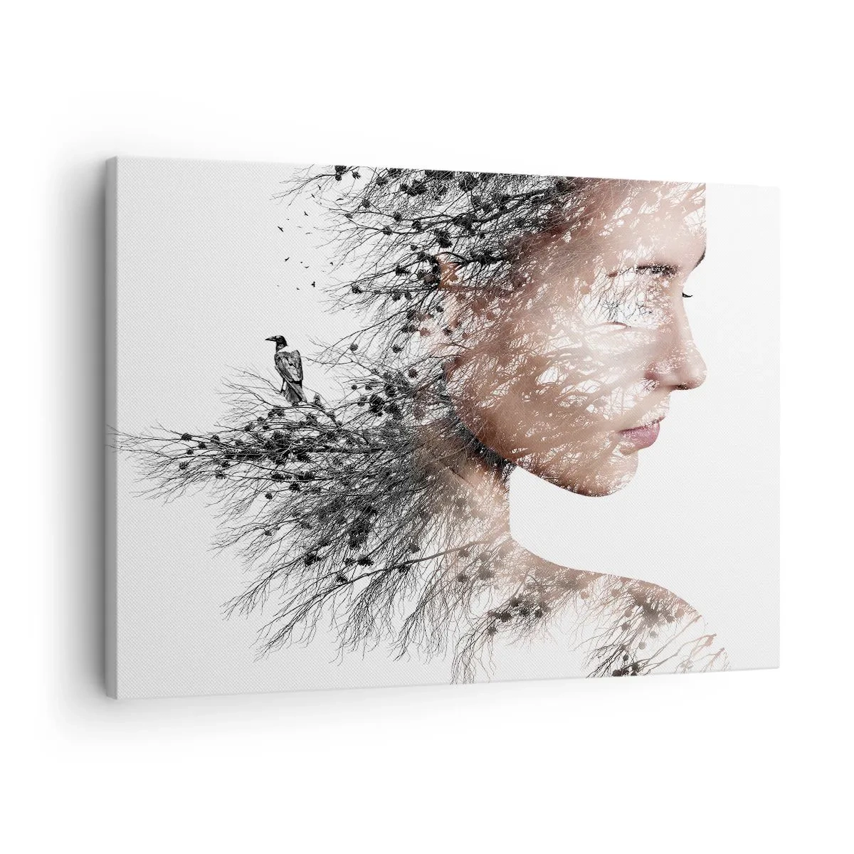 Cuadro sobre lienzo - Impresión de Imagen - Silueta de una mujer con una rama y un motivo de pájaro en el fondo. - 70x50cm - Espíritu del bosque - Decoración de pared moderna para salón y dormitorio ARTTOR