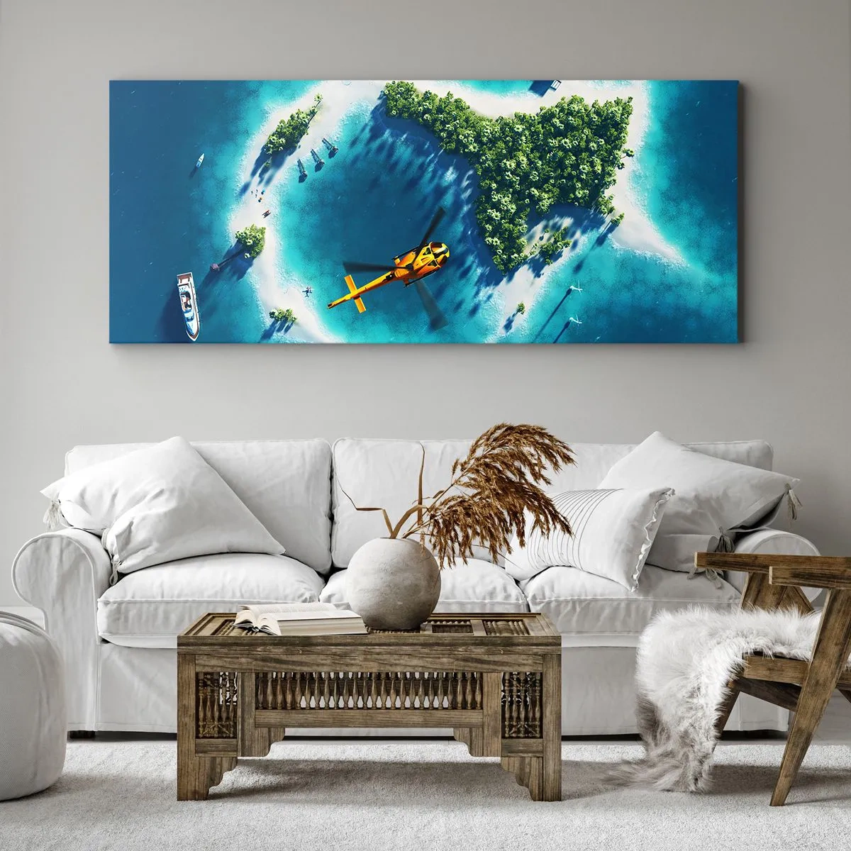 Cuadro sobre lienzo - Impresión de Imagen - Una isla tropical rodeada de agua turquesa con un helicóptero a la vista. - 160x50cm - Cómprate una isla - Decoración de pared moderna para salón y dormitorio ARTTOR