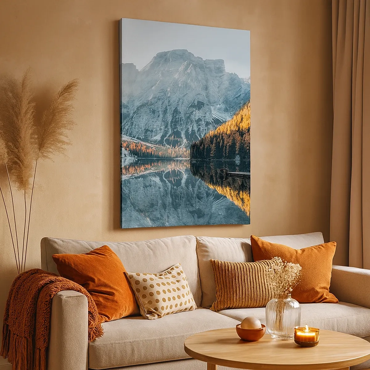 Cuadro sobre lienzo - Impresión de Imagen - Un paisaje de montaña reflejado en la tranquila superficie de un lago. - 50x70cm - Paisaje en el espejo - Decoración de pared moderna para salón y dormitorio ARTTOR