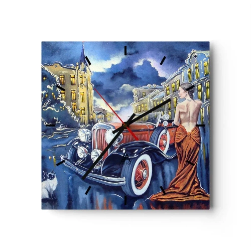 Reloj de pared - Reloj de vidrio - Una mujer con un vestido elegante junto a un coche retro por la noche. - 30x30cm - Noche de romanticismo - Decoración de pared moderna para salón y dormitorio ARTTOR
