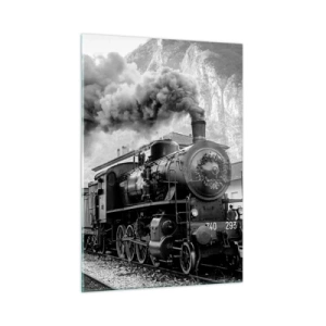 Cuadro sobre vidrio - Impresiones sobre Vidrio - Un antiguo tren de vapor en un paisaje montañoso. - 50x70cm - Rumbo a la estación... - Decoración de pared moderna para salón y dormitorio ARTTOR