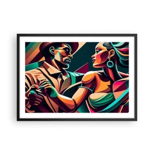Póster en marco negro - Una pareja estilizada bailando en colores vibrantes y geométricos. - 70x50cm - Al ritmo del corazón - Decoración de pared moderna para salón y dormitorio ARTTOR
