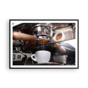 Póster en marco negro - Primer plano de una máquina de café preparando una dosis fresca de espresso - 100x70cm - El mejor momento del día - Decoración de pared moderna para salón y dormitorio ARTTOR