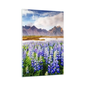 Cuadro sobre vidrio - Impresiones sobre Vidrio - Flores en un paisaje de montaña con un cielo pintoresco. - 80x120cm - La fuerza y la severidad junto a la dulzura - Decoración de pared moderna para salón y dormitorio ARTTOR