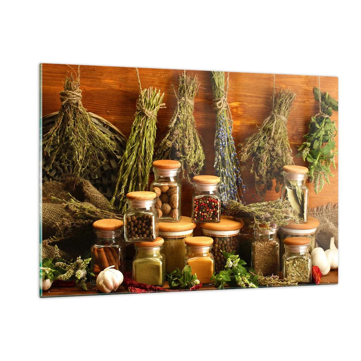 Cuadro sobre vidrio - Impresiones sobre Vidrio - Hierbas y especias en frascos sobre un fondo de madera. - 120x80cm - La magia de la cocina - Decoración de pared moderna para salón y dormitorio ARTTOR