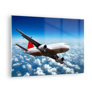 Cuadro sobre vidrio - Impresiones sobre Vidrio - Un avión de pasajeros volando sobre las nubes contra un cielo azul. - 70x50cm - Aléjese de todo - Decoración de pared moderna para salón y dormitorio ARTTOR