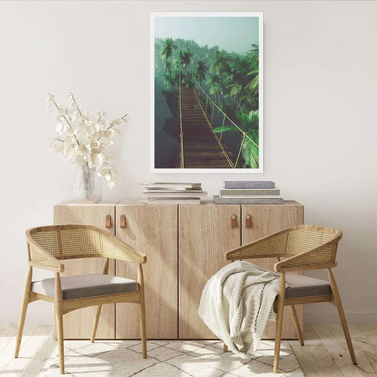 Póster - Un puente colgante en un bosque tropical lleno de palmeras. - 50x70cm - Sobre un mar de verde - Decoración de pared moderna para salón y dormitorio ARTTOR