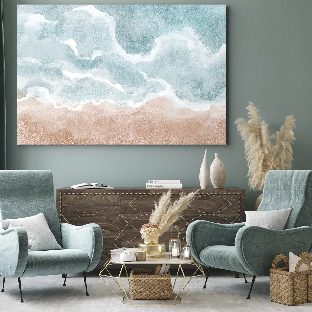 Cuadro sobre lienzo - Impresión de Imagen - Playa abstracta con olas en tonos azules y beige. - 120x80cm - Abstracción de nubes - Decoración de pared moderna para salón y dormitorio ARTTOR