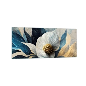 Cuadro sobre vidrio - Impresiones sobre Vidrio - Una flor con hojas azules sobre un fondo elegante. - 120x50cm - Con un corazón de oro - Decoración de pared moderna para salón y dormitorio ARTTOR