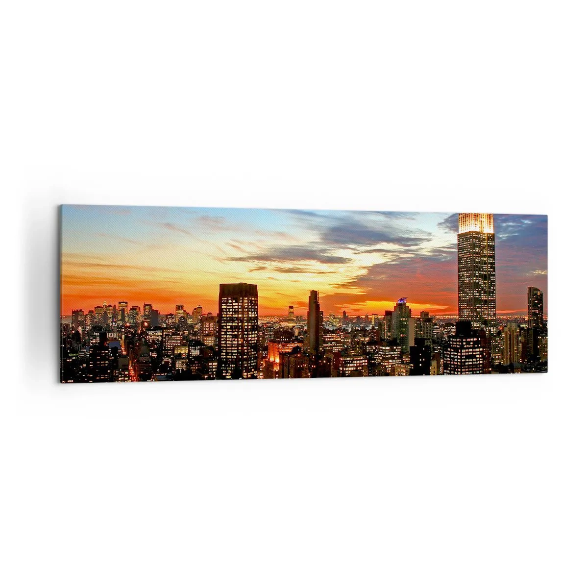 Cuadro sobre lienzo - Impresión de Imagen - Panorama de la ciudad con rascacielos iluminados al atardecer - 160x50cm - Una luminosa noche americana - Decoración de pared moderna para salón y dormitorio ARTTOR