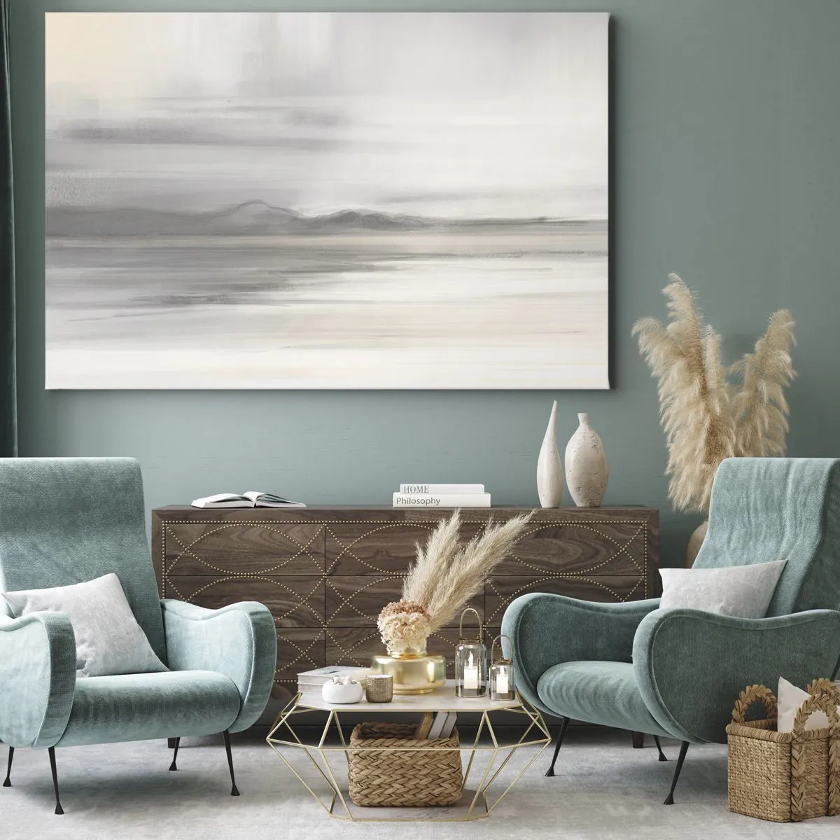 Cuadro sobre lienzo - Impresión de Imagen - Un paisaje sutil en tonos grises y beige. - 70x50cm - Una distancia reflexiva - Decoración de pared moderna para salón y dormitorio ARTTOR