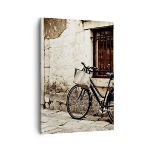 Cuadro sobre lienzo - Impresión de Imagen - Una bicicleta contra una pared de piedra con una ventana y puerta de estilo retro. - 50x70cm - Regreso al pasado - Decoración de pared moderna para salón y dormitorio ARTTOR
