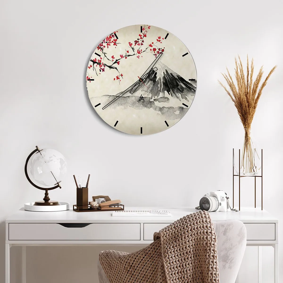 Reloj de pared - Reloj de vidrio - Pintura tradicional japonesa de acuarela de una montaña y flores de cerezo. - 30x30cm - Enamórate de Japón - Decoración de pared moderna para salón, cocina y dormitorio ARTTOR