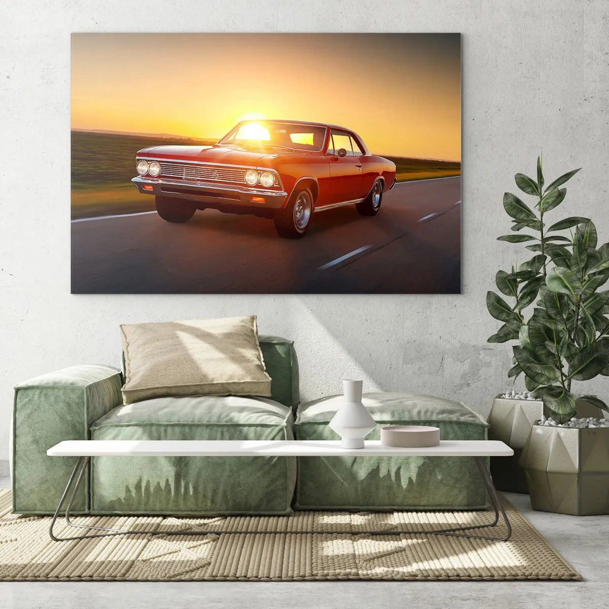 Cuadro sobre vidrio - Impresiones sobre Vidrio - Coche clásico rojo contra el sol poniente - 70x50cm - El deseo es rojo - Decoración de pared moderna para salón y dormitorio ARTTOR