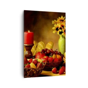 Cuadro sobre lienzo - Impresión de Imagen - Bodegón con fruta, pan, vela y flores. - 70x100cm - Bodegón con pan y fruta - Decoración de pared moderna para salón y dormitorio ARTTOR