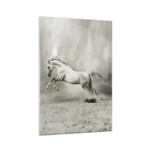 Cuadro sobre vidrio - Impresiones sobre Vidrio - Un caballo blanco en un salto dinámico sobre un fondo de nubes brumosas. - 70x100cm - Entre la realidad y el sueño - Decoración de pared moderna para salón y dormitorio ARTTOR