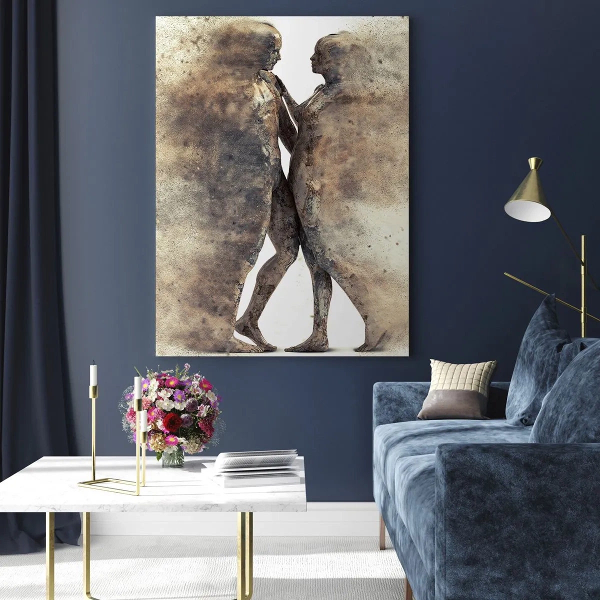 Cuadro sobre vidrio - Impresiones sobre Vidrio - Un dúo abstracto de siluetas en tonos arena. - 70x100cm - Del polvo resurgieron para amar - Decoración de pared moderna para salón y dormitorio ARTTOR