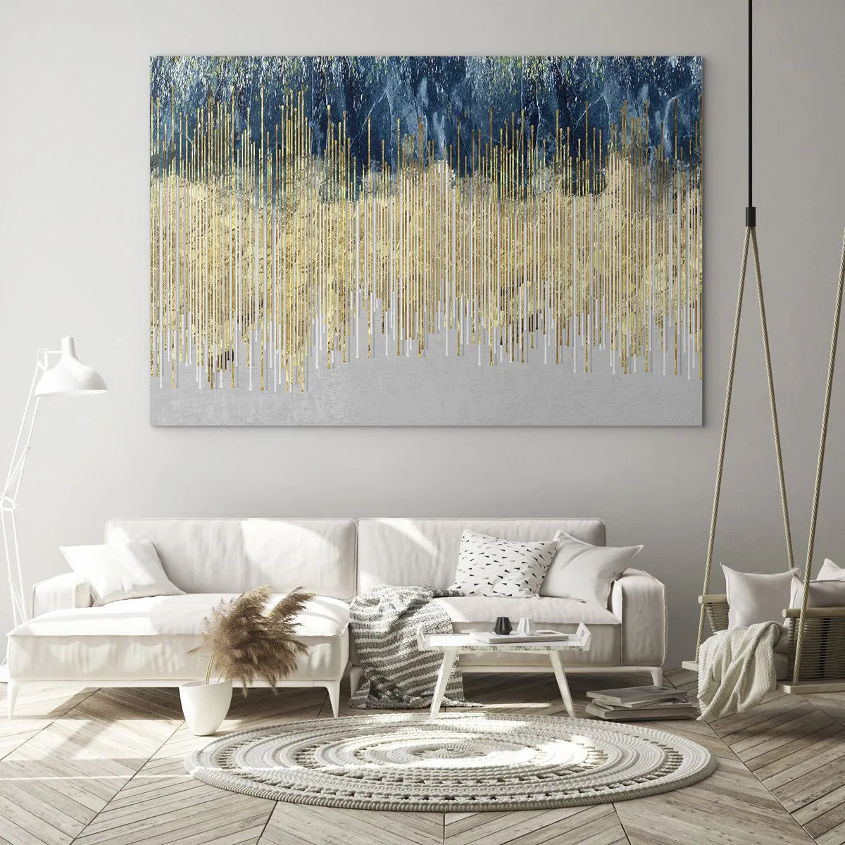 Cuadro sobre vidrio - Impresiones sobre Vidrio - Líneas verticales doradas sobre un fondo de bosque azul oscuro - 70x50cm - Frontera de líneas doradas - Decoración de pared moderna para salón y dormitorio ARTTOR