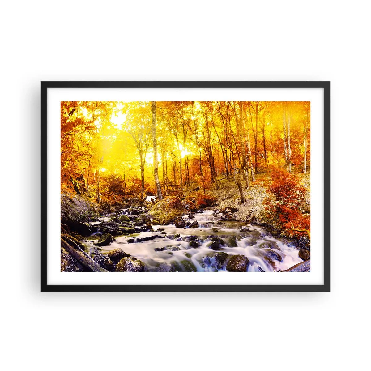 Póster en marco negro - Bosque otoñal con un arroyo entre hojas doradas - 70x50cm - Piedras bañadas en oro y platino - Decoración de pared moderna para salón y dormitorio ARTTOR