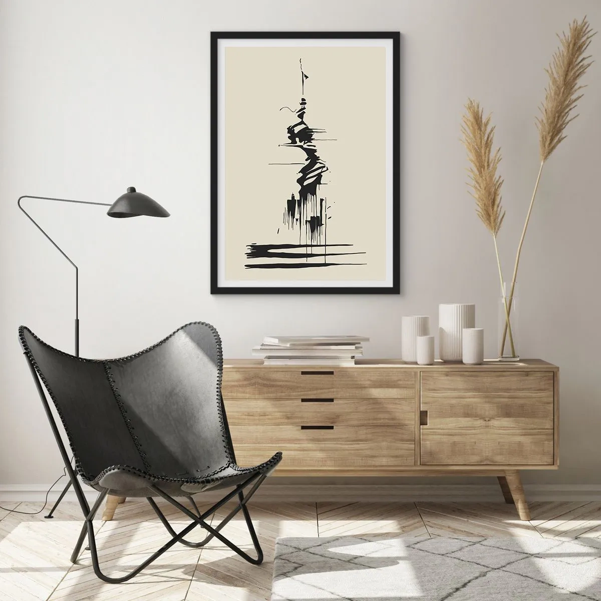 Póster en marco negro - Un dibujo abstracto de una figura sobre un fondo de líneas onduladas. - 50x70cm - Abstracción apresurada - Decoración de pared moderna para salón y dormitorio ARTTOR