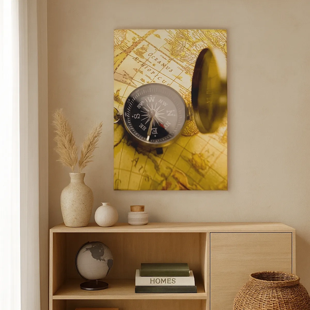 Cuadro sobre lienzo - Impresión de Imagen - Una brújula antigua sobre el fondo de un mapa del viejo mundo. - 50x70cm - ¿Hasta el fin del mundo? - Decoración de pared moderna para salón y dormitorio ARTTOR