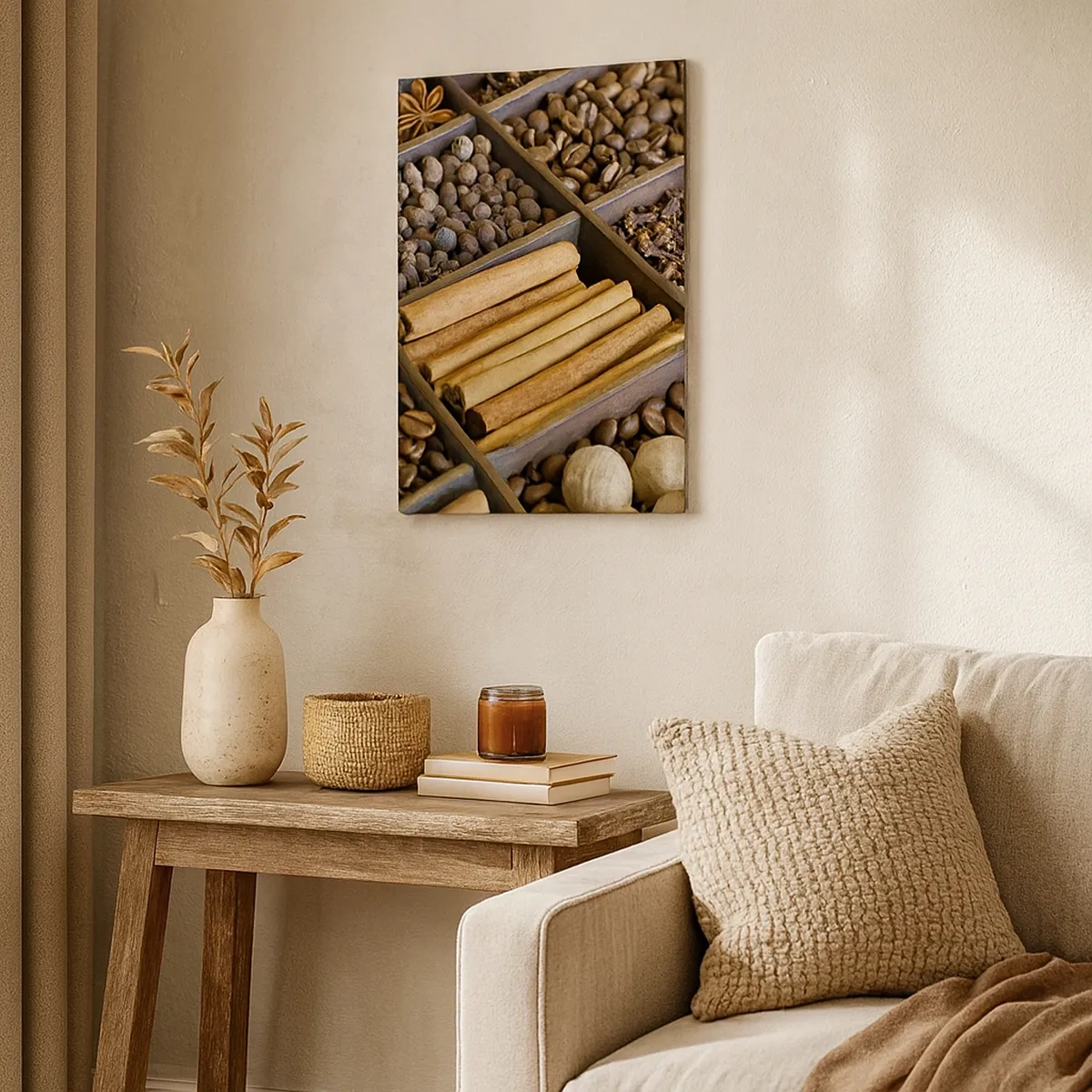 Cuadro sobre lienzo - Impresión de Imagen - Especias y café en compartimentos de madera. - 50x70cm - Un tesoro de aromas - Decoración de pared moderna para salón y dormitorio ARTTOR